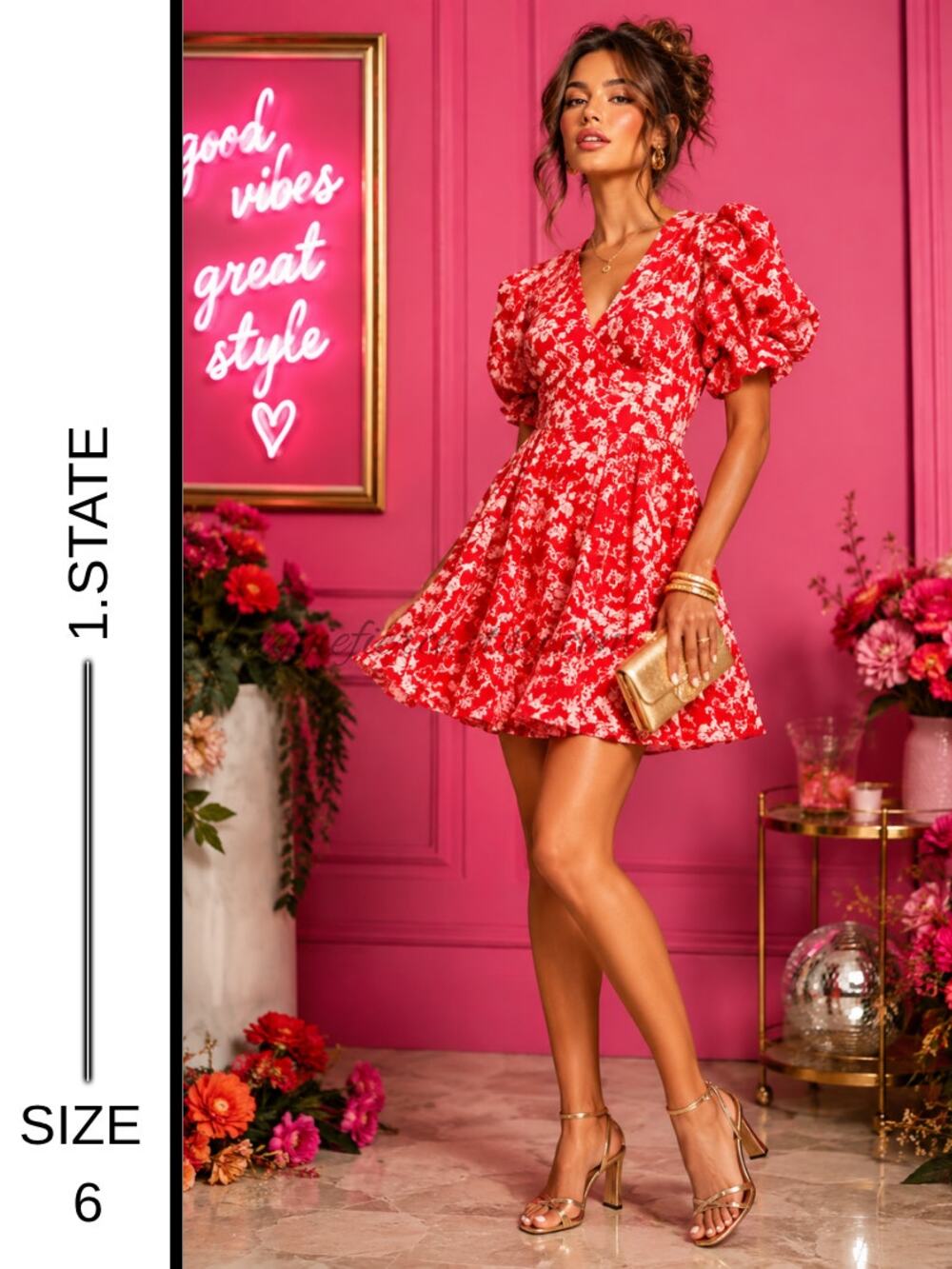 MSRP: $139 | ✨ 1.STATE Red Floral Puff Sleeve Mini Dress | Size 6 ✨QUICK SHIP